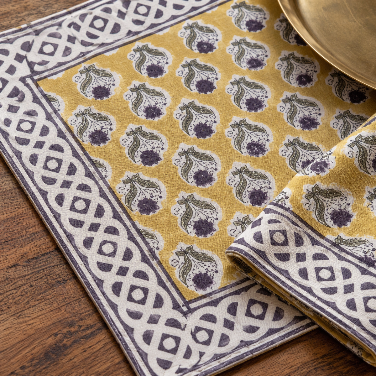 Mustard Floral Placemat and Napkin Set of 12, close-up of the print and border