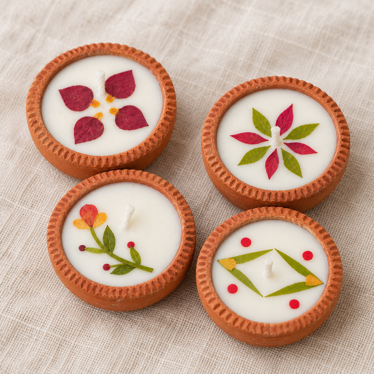 Pressed-Flower Soy Wax Mini Diyas, 1 in, Boxed Sets, close-up of the pressed flowers