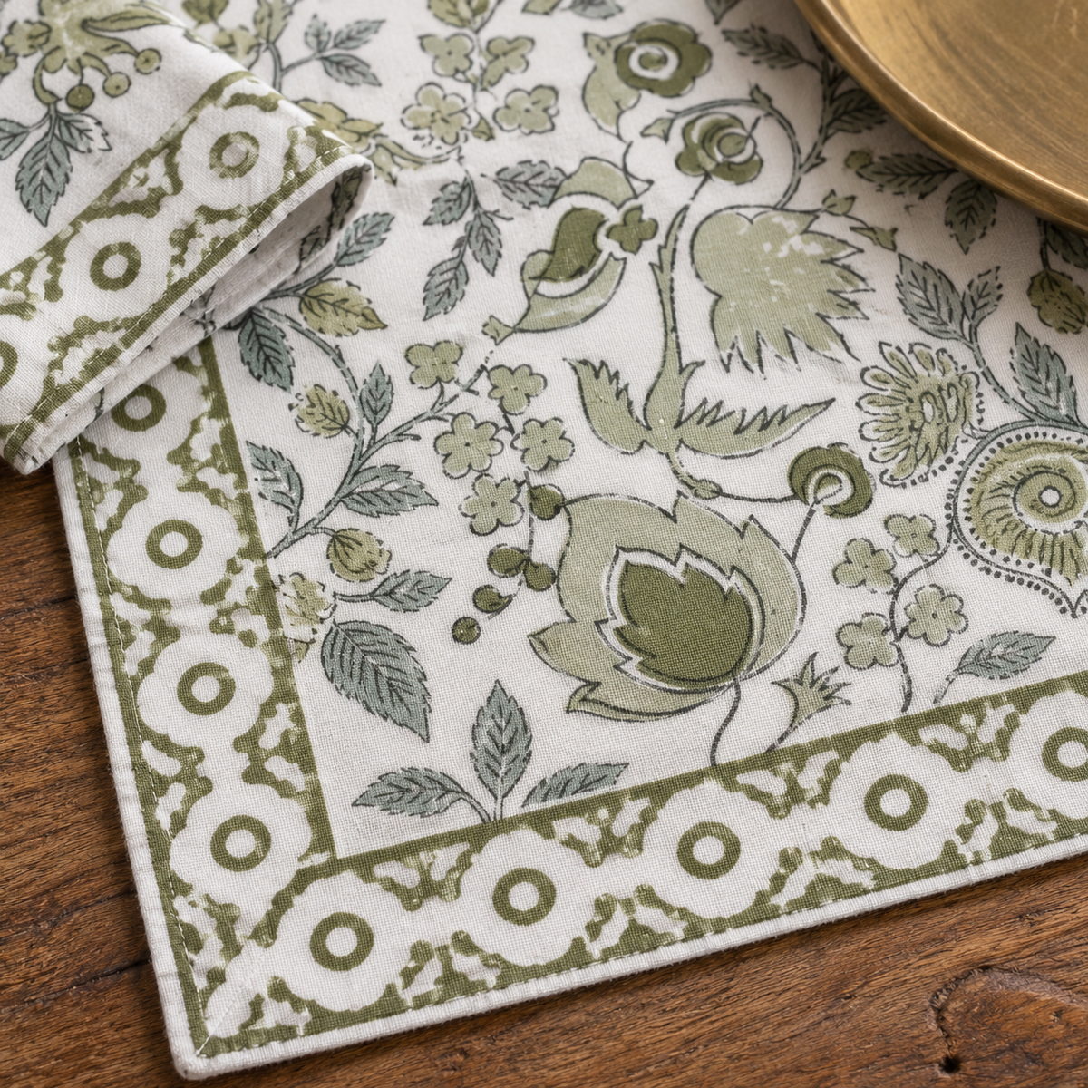 Olive Green Floral Placemat and Napkin Set of 12, close-up of the print and border