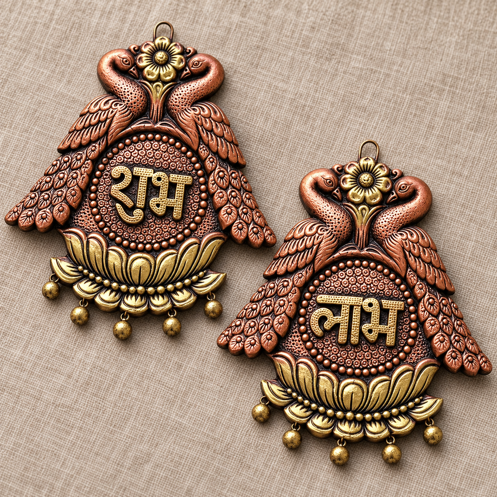 Mayur Yugal: Double Peacock Shubh Labh Terracotta Hangings