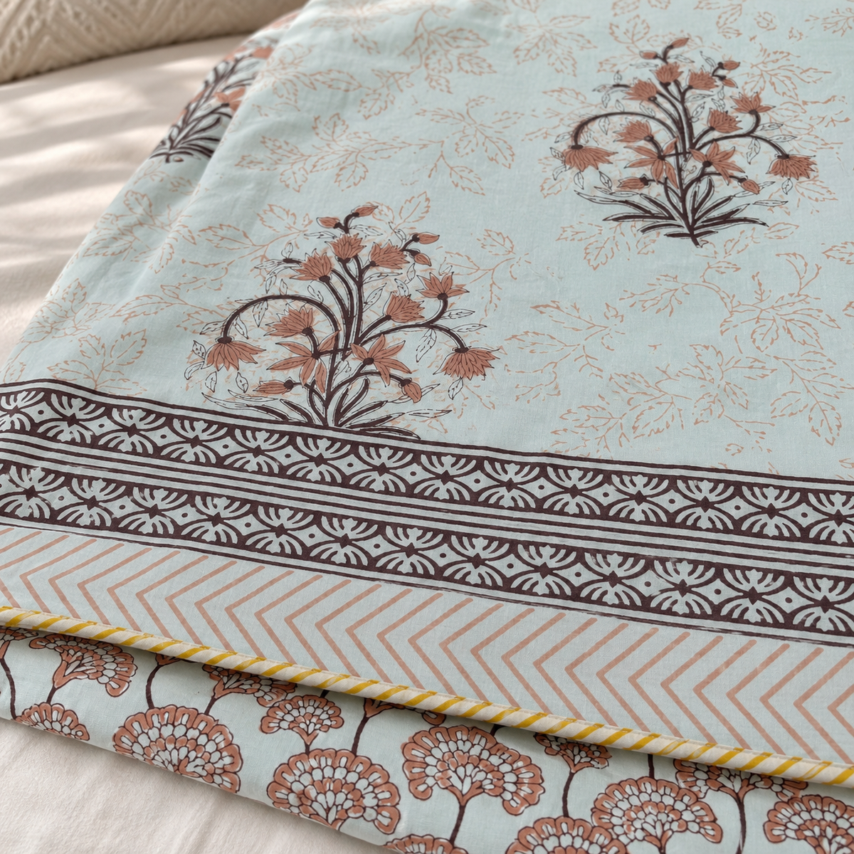 Aqua Floral Dohar, close-up of the print, border and reverse