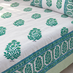 Emerald Green Floral Bedsheet Set, close-up of the print, border and pillow cover