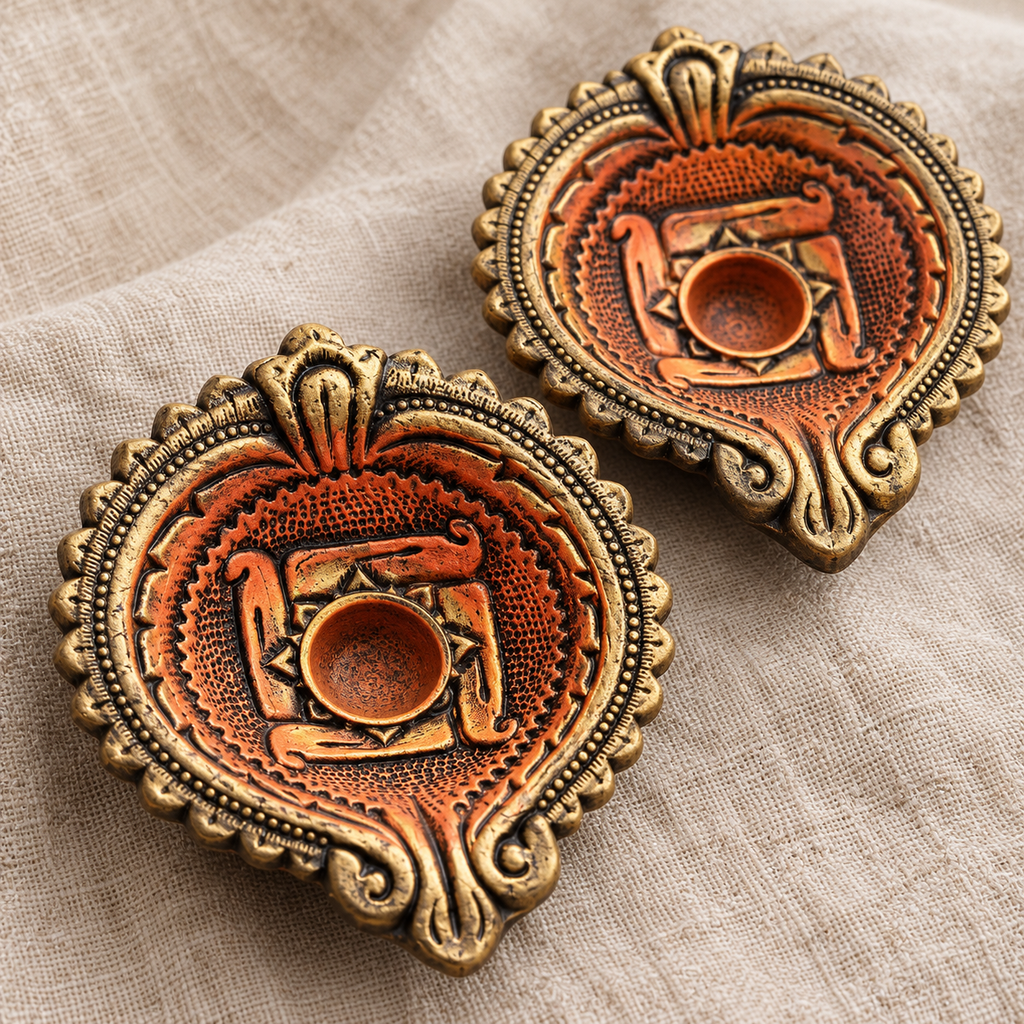 Mangal: Large Swastik Terracotta Diyas, 6 in, Set of 2