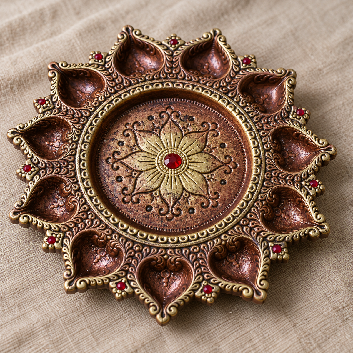 Kamalini: 11-Diya Terracotta Plate with Lotus Centre, 10.5 in