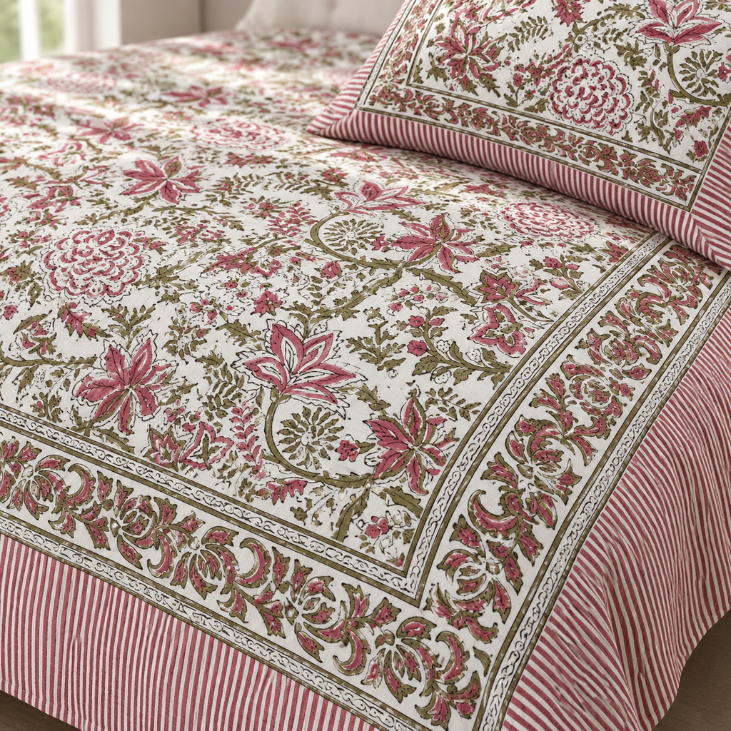 Pink and Green Floral Bedsheet Set, close-up of the print, border and pillow cover