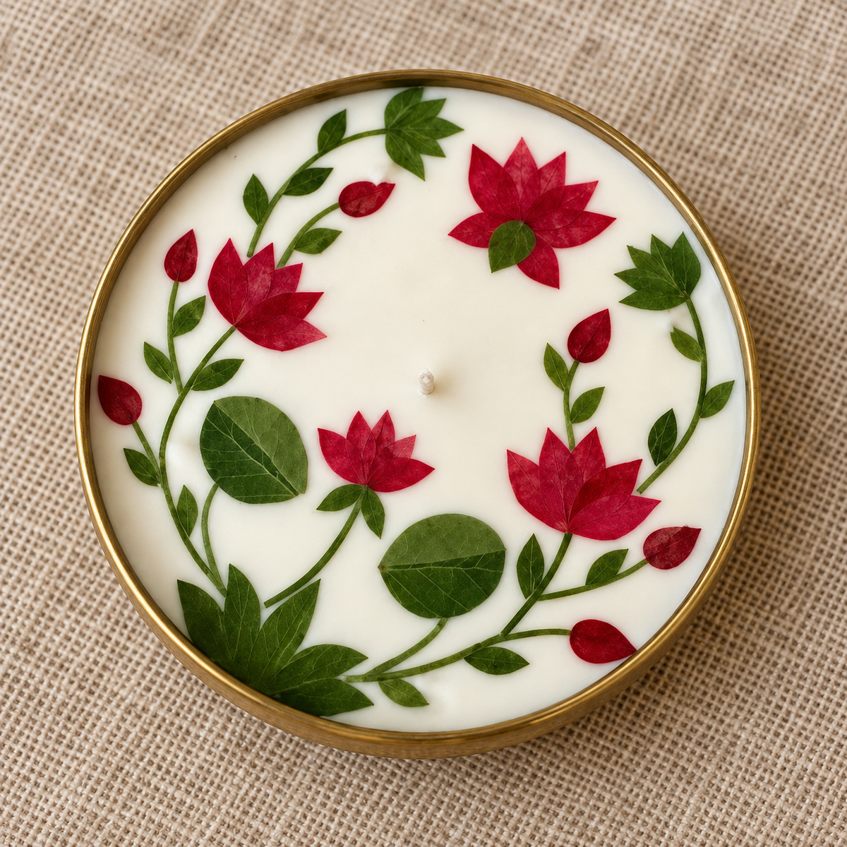 Lotus Soy Wax Candle in a Brass Urli, 6 in, close-up of the wax top