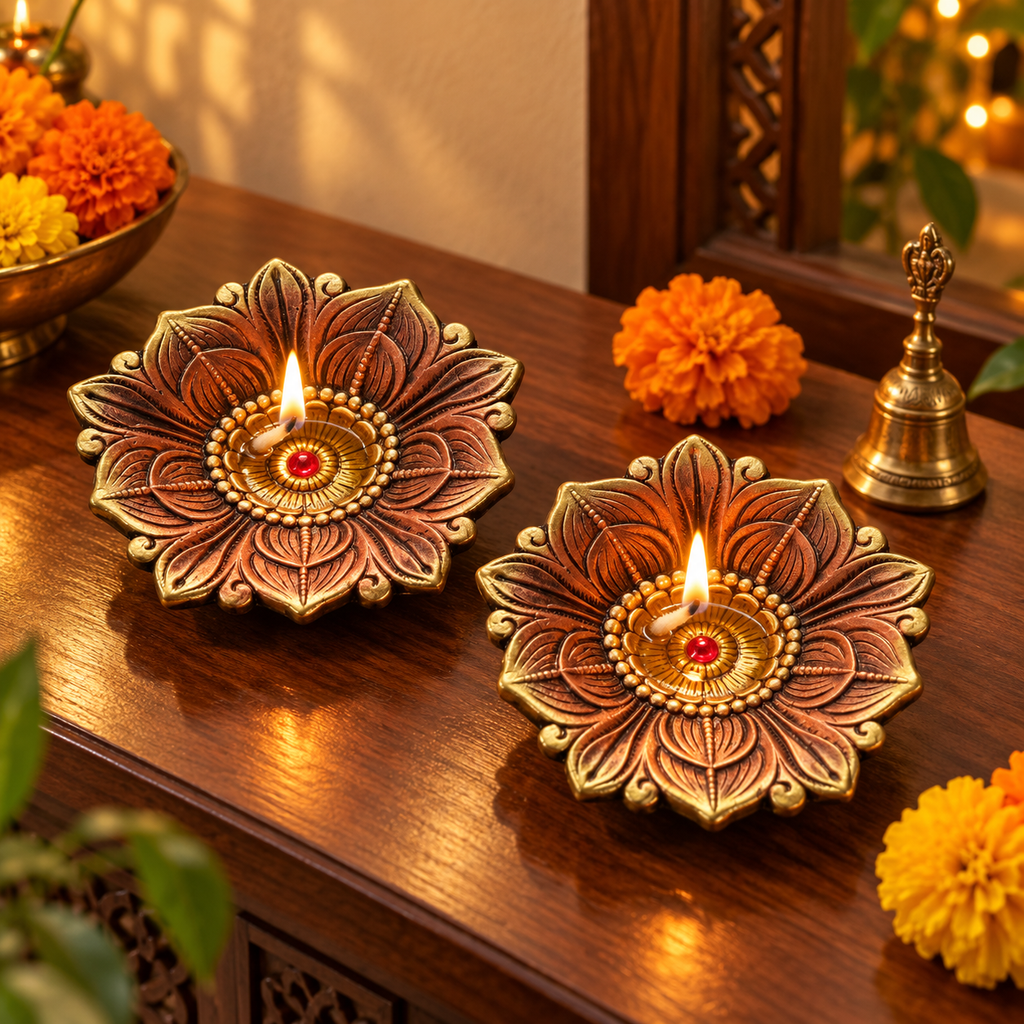 Pankaj: Large Lotus Terracotta Diya, Set of 2 or Single