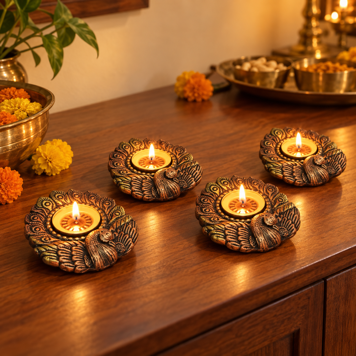 Nachta Mor: Dancing Peacock Terracotta Tea Lights, Set of 4 or 2