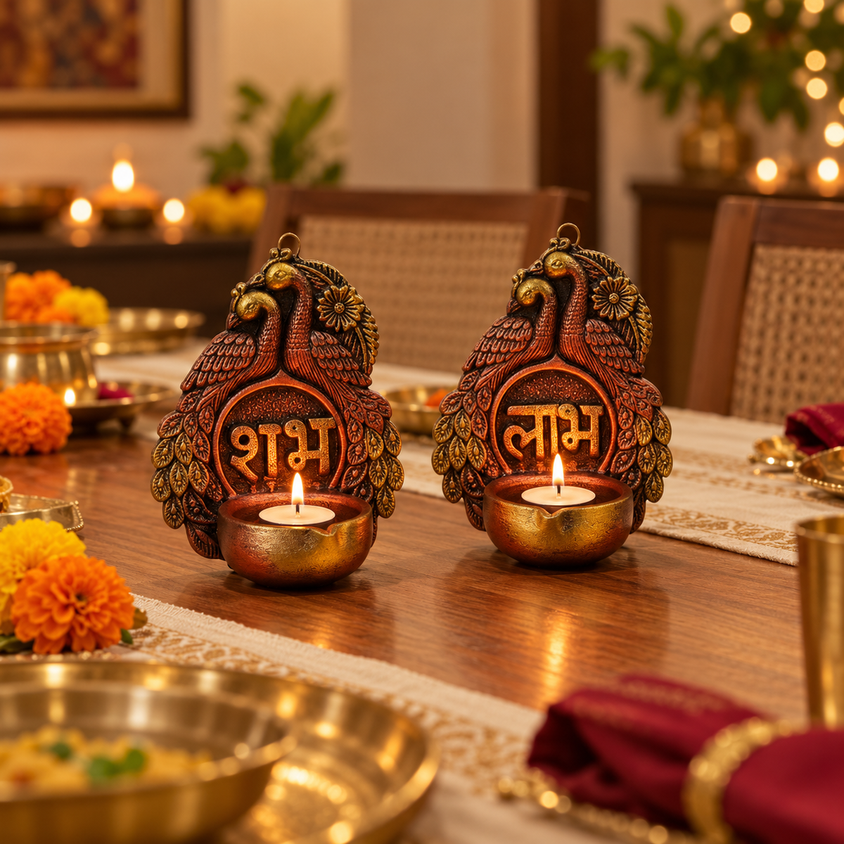 Shubh Labh Mor: Peacock Shubh Labh Terracotta Diya Holders, Set of 2