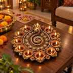 Mayurdeep: Peacock Terracotta Diya Plate, 11 or 9 Diyas