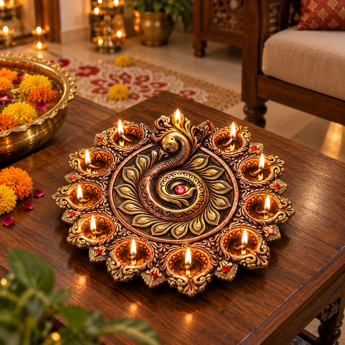 Mayurdeep: Peacock Terracotta Diya Plate, 11 or 9 Diyas
