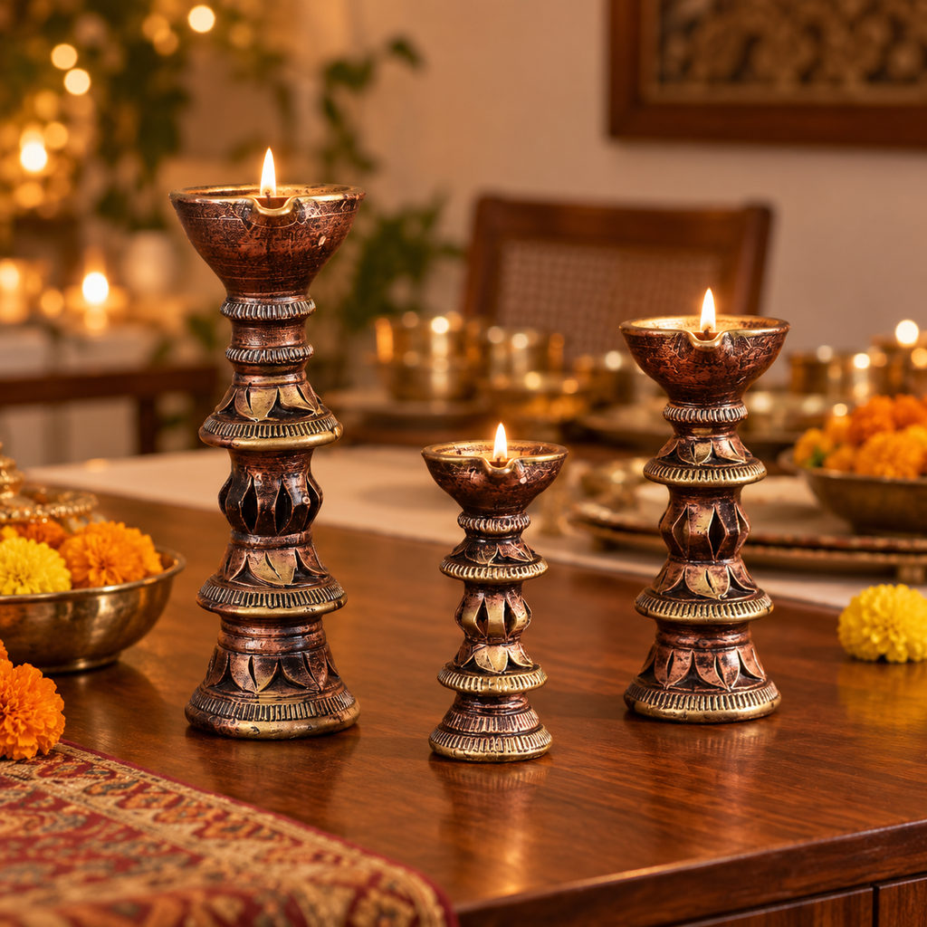 Stambh: Terracotta Pillar Candle Stands, Set of 3