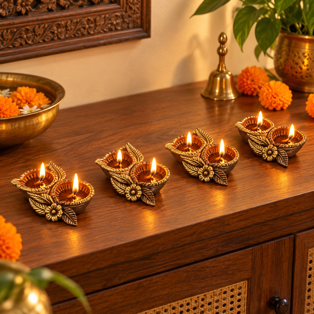 Patti: Twin Leaf Terracotta Diyas, Set of 12 or 8