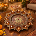Kamalini: 11-Diya Terracotta Plate with Lotus Centre, 10.5 in