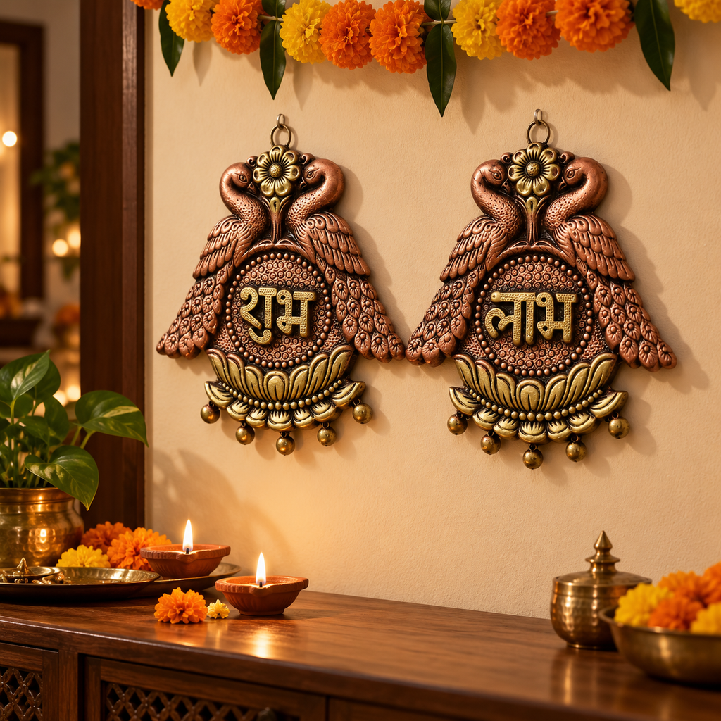 Mayur Yugal: Double Peacock Shubh Labh Terracotta Hangings
