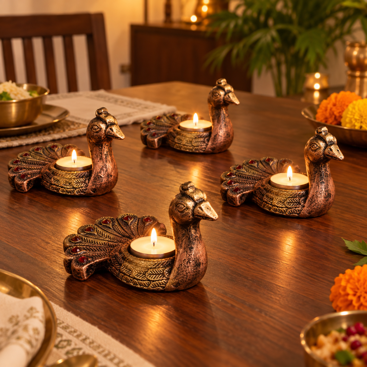 Mayuri: Peacock Terracotta Tea Light Holders, Set of 4 or 2