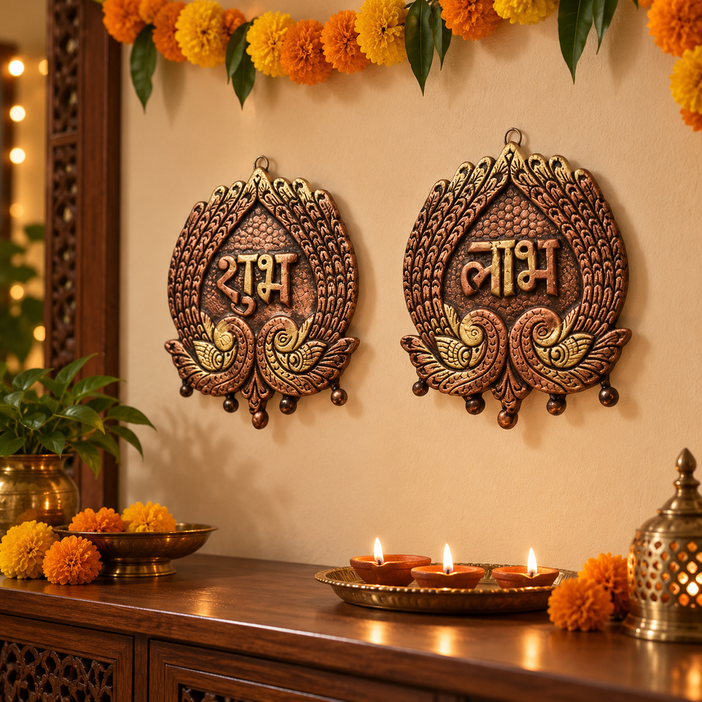 Swagat: Shubh Labh Terracotta Hangings with Peacock Border