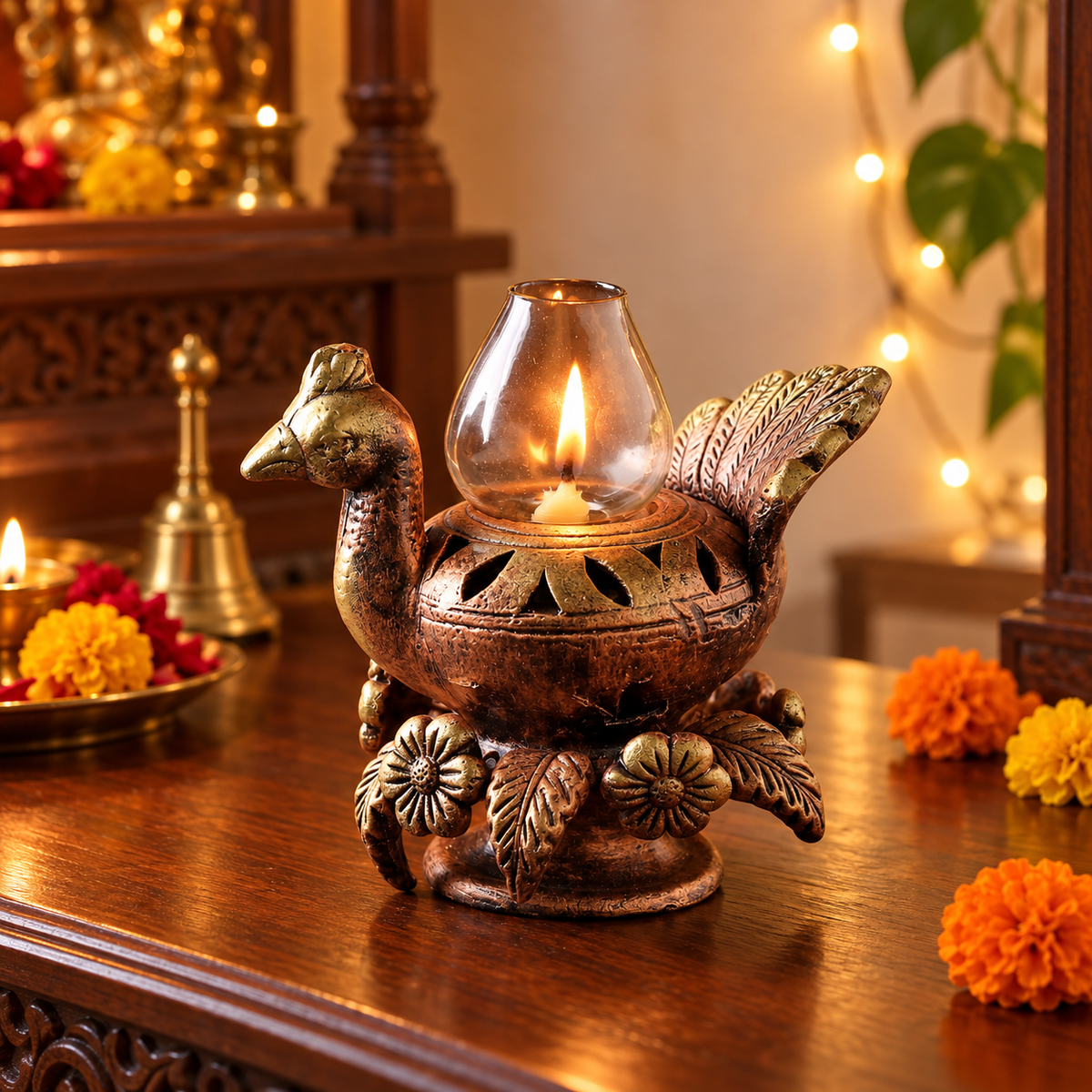 Mayur Jyot: Peacock Terracotta Akhand Diya with Glass Top