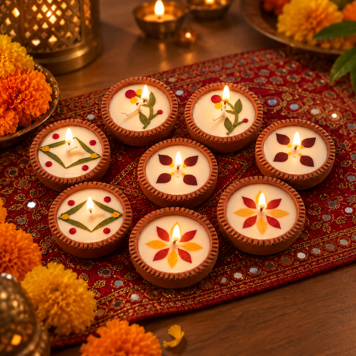Small Soy Wax Diyas with Flower Petals, Set of 8, lit for Diwali on a mirror-work runner