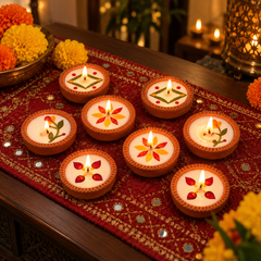Pankhudi: Dried-Flower Soy Wax Terracotta Diyas, Set of 16