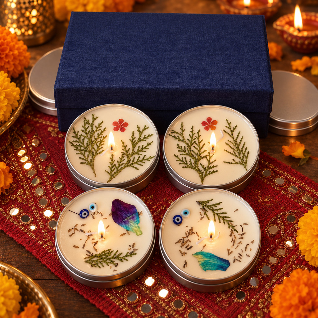 Lavender and Lemongrass Tin Candle Gift Box, Set of 4, lit for Diwali on a mirror-work runner