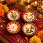 Small Soy Wax Diyas with Flower Petals, Set of 4, lit for Diwali on a mirror-work runner