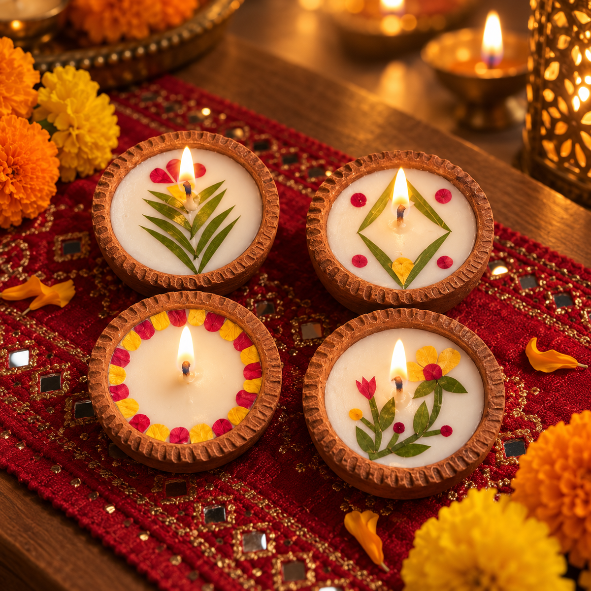 Small Soy Wax Diyas with Flower Petals, Set of 4, lit for Diwali on a mirror-work runner