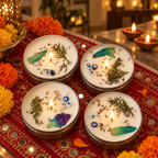 Evil-Eye Lavender Soy Wax Tin Candles, Set of 4, lit for Diwali on a mirror-work runner