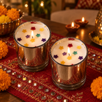 Silver Glass Rose-Scented Soy Wax Candles, Set of 2, lit for Diwali on a mirror-work runner