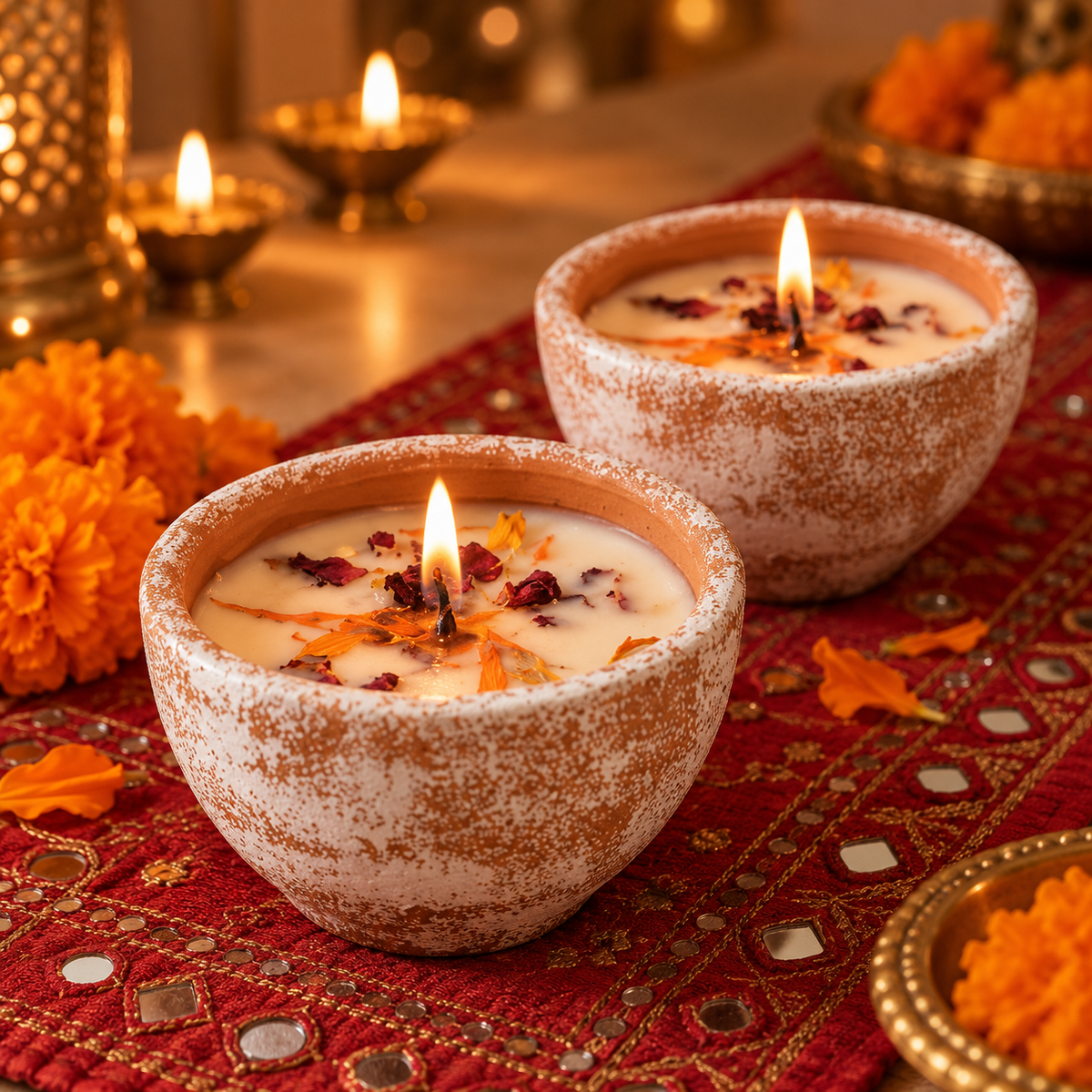 Gratitude Candle in a White-Glazed Terracotta Pot, lit for Diwali on a mirror-work runner