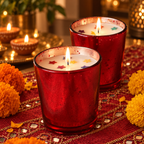 Red Glass Rose-Scented Soy Wax Candles, Set of 2, lit for Diwali on a mirror-work runner