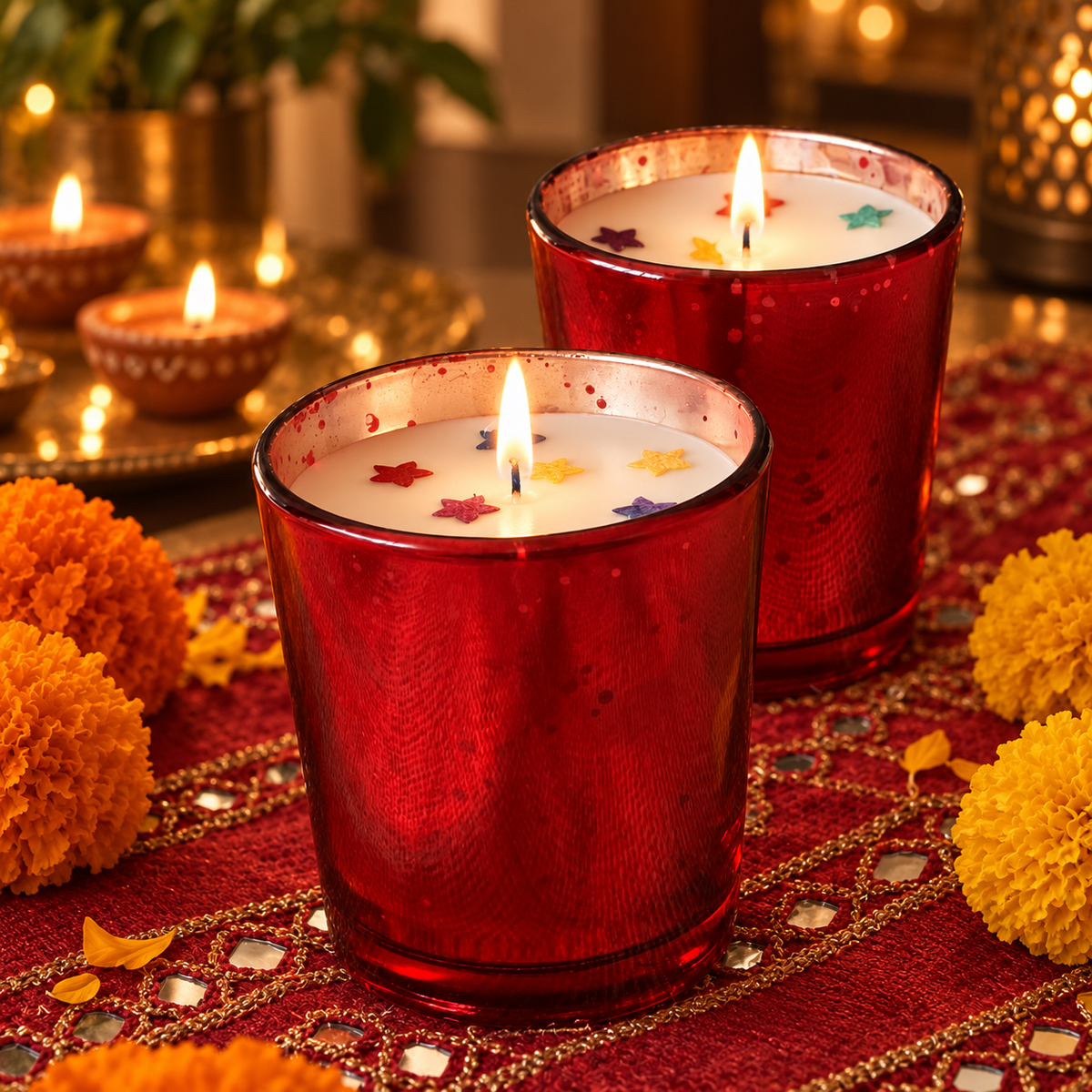 Red Glass Rose-Scented Soy Wax Candles, Set of 2, lit for Diwali on a mirror-work runner