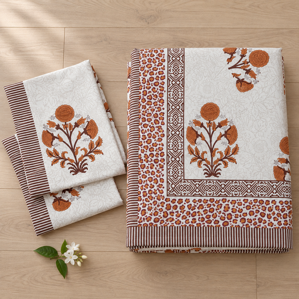 Rust Floral Buta Bedsheet Set, folded with its pillow covers