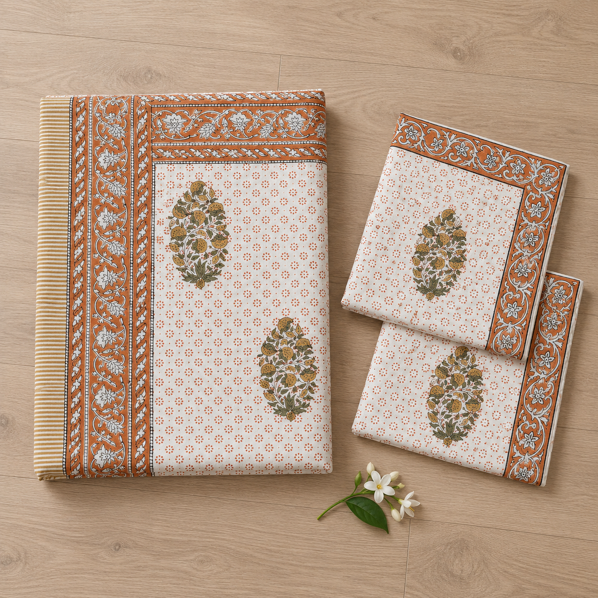 Rust Floral Buta Bedsheet Set, folded with its pillow covers