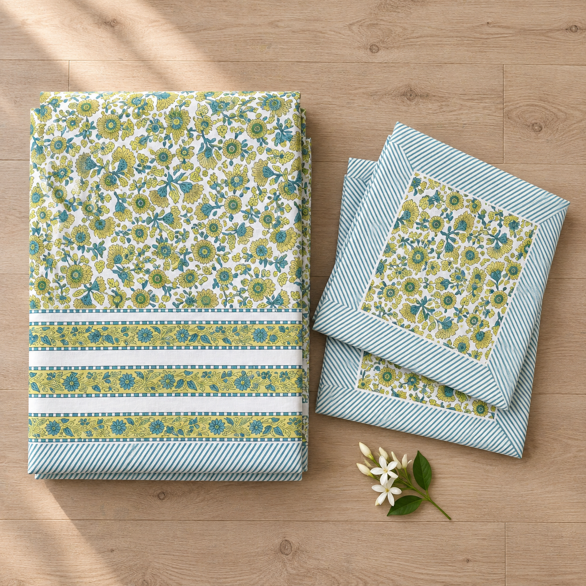 Yellow Green Floral Bedsheet Set, folded with its pillow covers