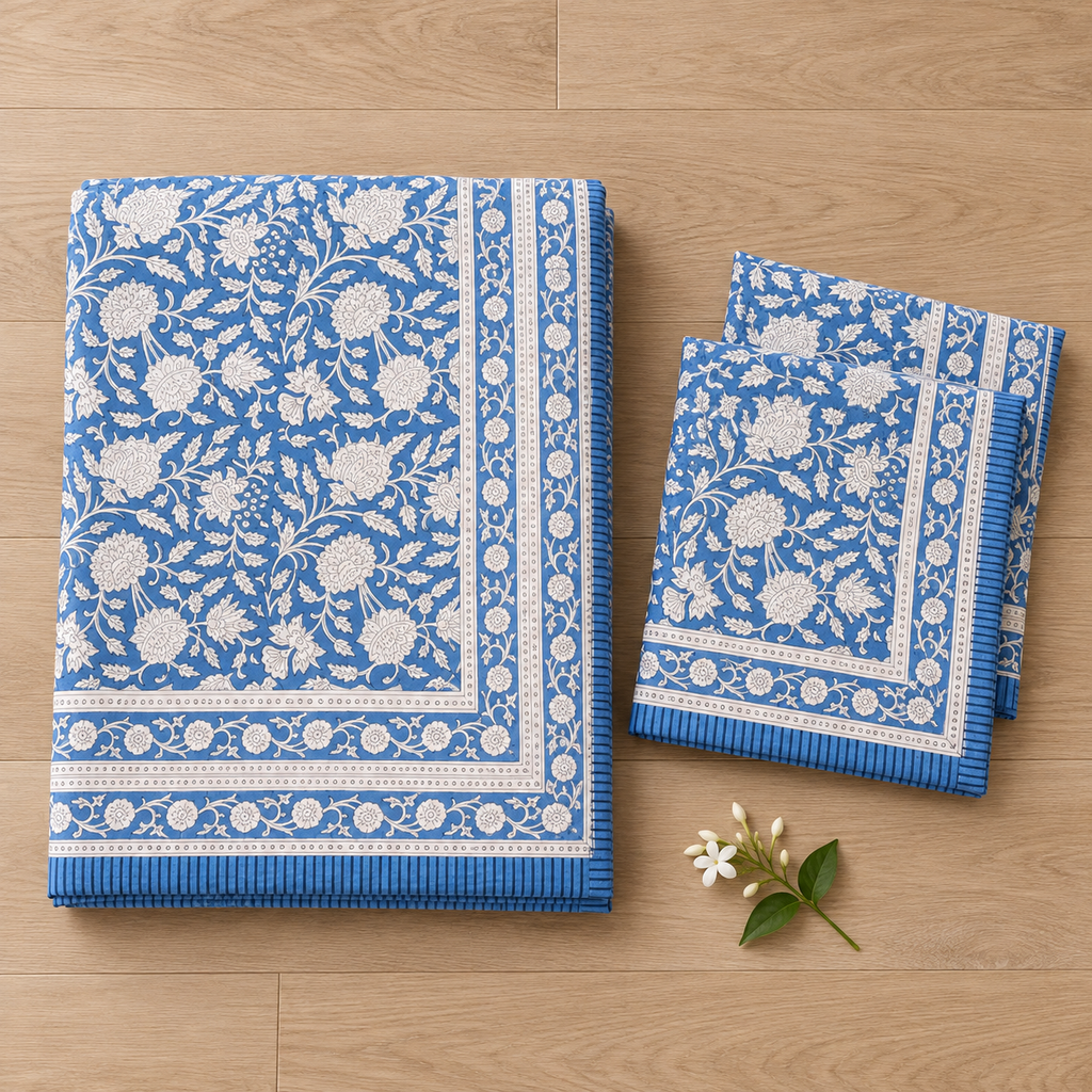 Blue Floral Jaal Bedsheet Set, folded with its pillow covers