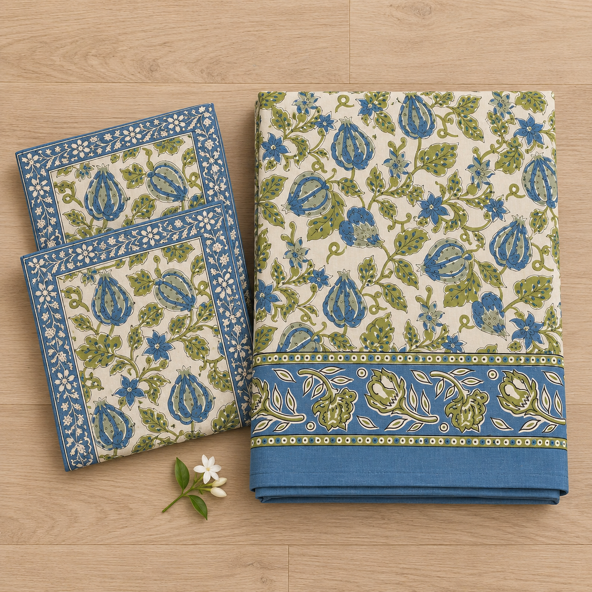 Blue and Green Floral Bedsheet Set, folded with its pillow covers