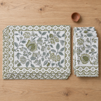 Olive Green Floral Placemat and Napkin Set of 12, placemats and napkins stacked, seen from above
