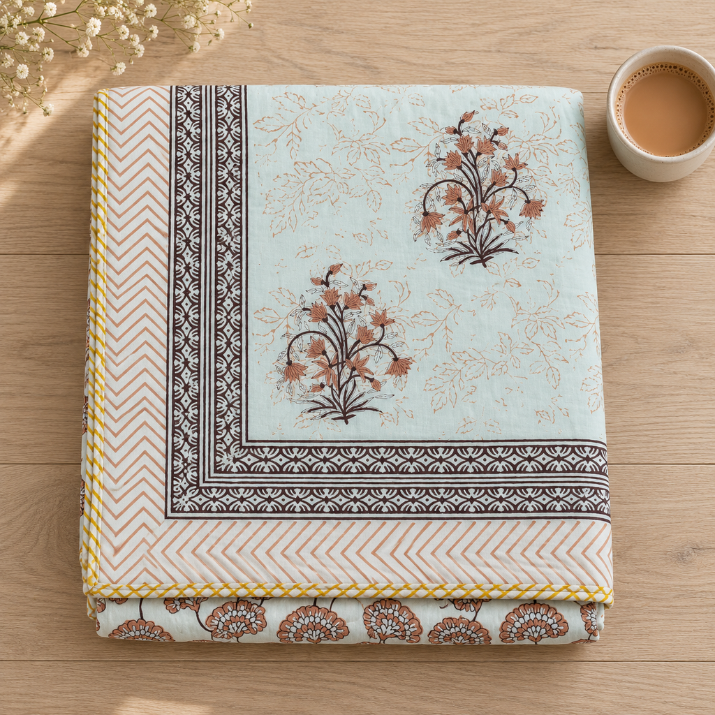 Aqua Floral Dohar, folded, seen from above