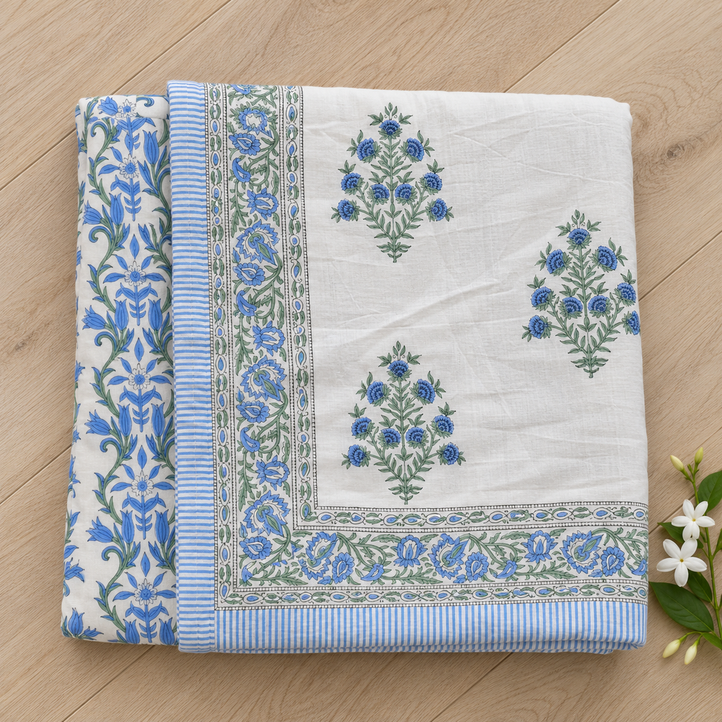 Blue Floral Bunch Dohar, folded, seen from above