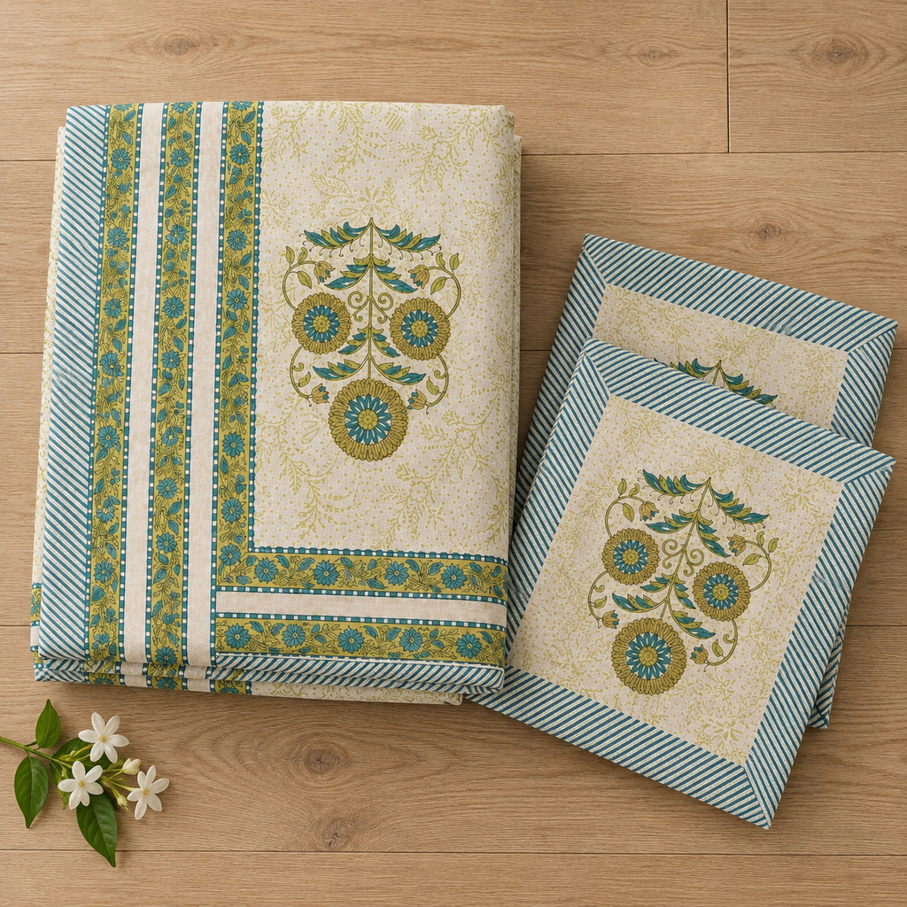Teal Medallion Floral Bedsheet Set, folded with its pillow covers