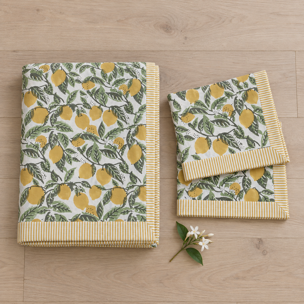 Lemon Print Bedsheet Set, folded with its pillow covers