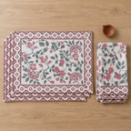 Pink and Maroon Floral Placemat and Napkin Set of 12, placemats and napkins stacked, seen from above