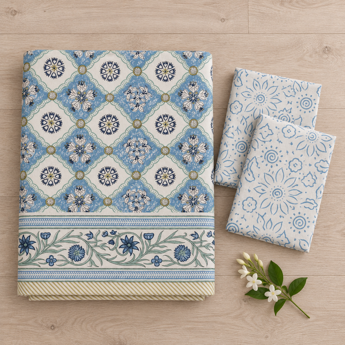 Blue Lattice Bedsheet Set, folded with its pillow covers