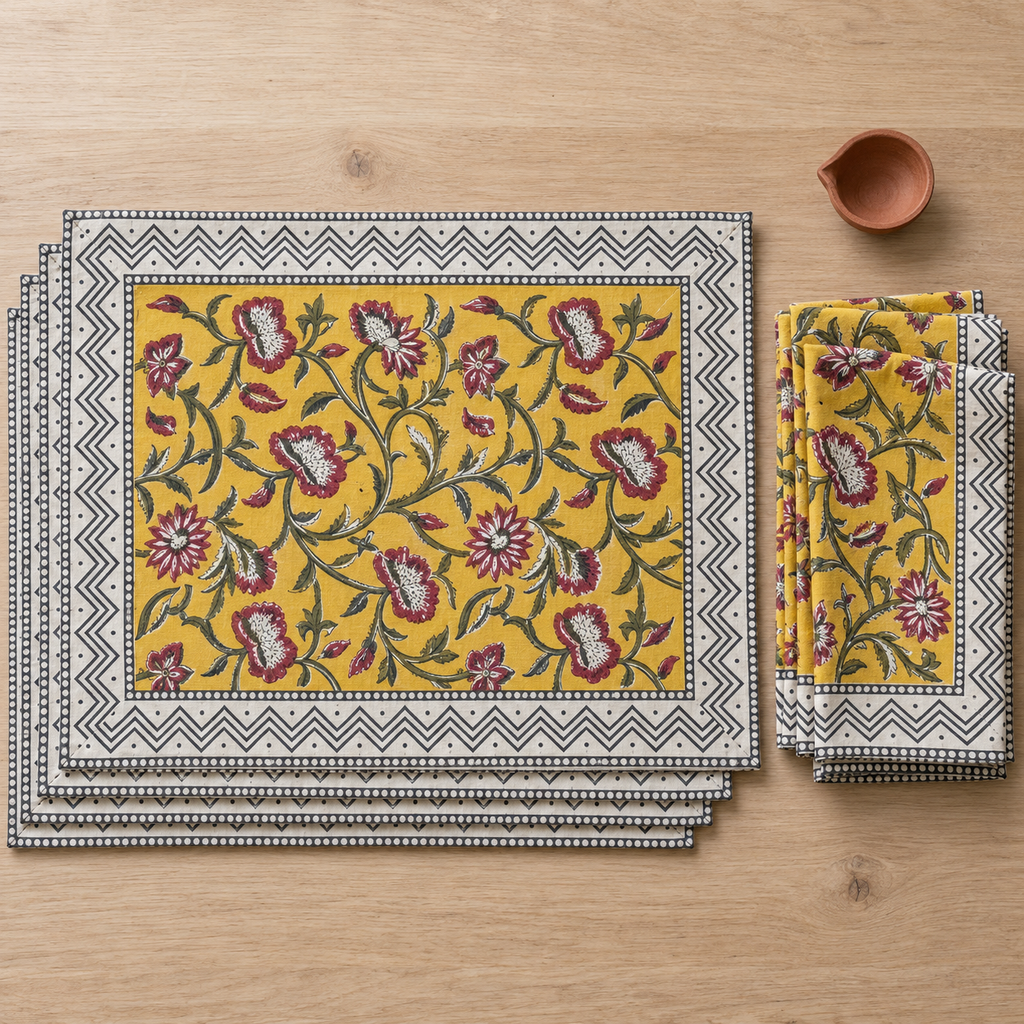 Mustard Floral Chevron Border Placemat and Napkin Set of 12, placemats and napkins stacked, seen from above