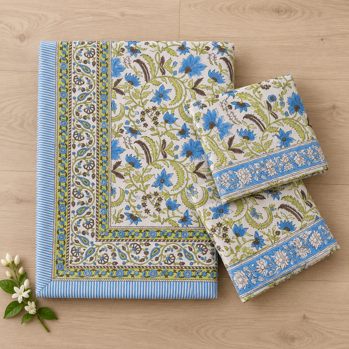 Green and Blue Floral Bedsheet Set, folded with its pillow covers