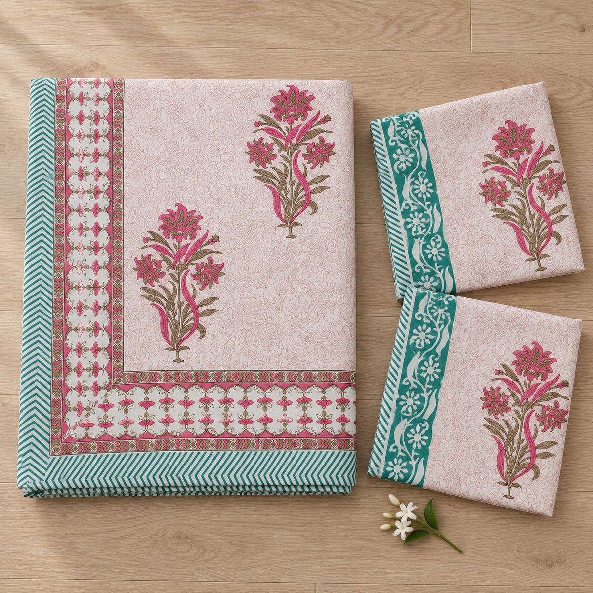 Pink Floral Buta Bedsheet Set, folded with its pillow covers