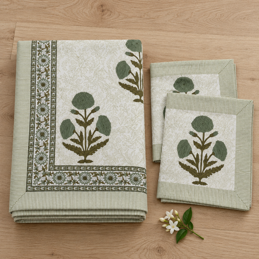 Sage Green Floral Bedsheet Set, folded with its pillow covers