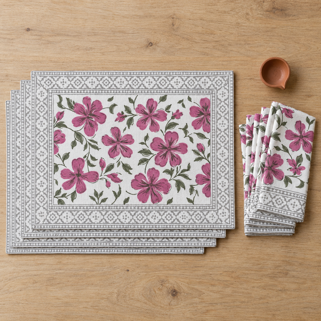 Magenta Floral Placemat and Napkin Set of 12, placemats and napkins stacked, seen from above