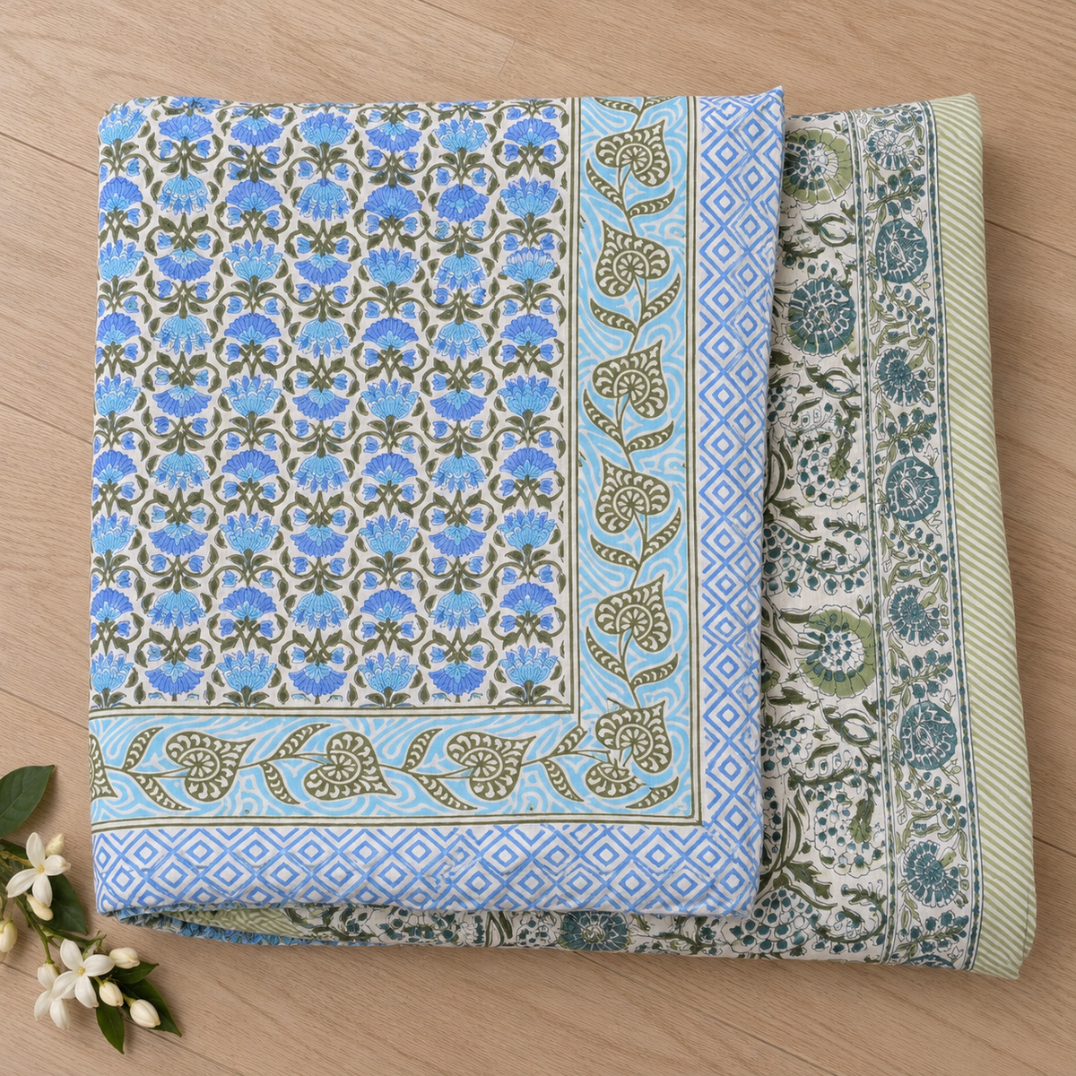 Blue Floral Dohar, folded, seen from above